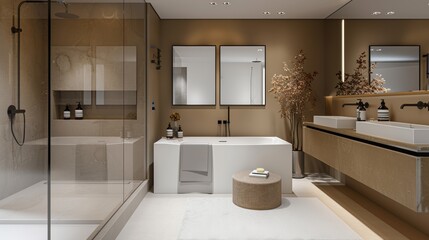 Fototapeta premium Beige hotel bathroom interior with tub sink and glass shower decoration
