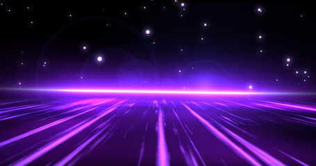 Obraz premium Futuristic particle falling space speed ramp starting engine. Space jump light beam particle blast moving forward flying constellation shiny wavy heaven like galaxy exploration mission.