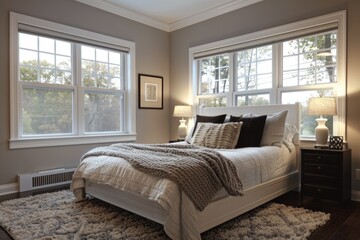 Cozy Bedroom with Baseboard Heater Under Window and Soft Rug in Sunlit Room