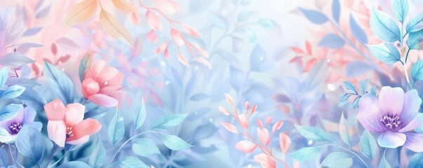 Soft pastel watercolor floral background with delicate flowers and leaves. Perfect for spring themes and invitations.