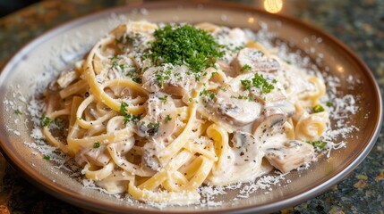 Creamy Fettuccine Alfredo with Saut&Atilde;&copy;ed Mushrooms and Parmesan Cheese - Delicious Italian Pasta Dish