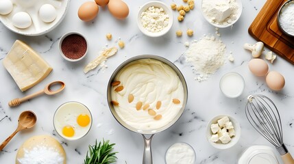 Cheese making equipment and ingredients setup with a saucepan and cooking tools for preparing dairy products in the kitchen long_title:Cheese making