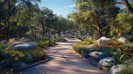 Obraz premium Virtual reality simulation of a city park with interactive wildlife conservation exhibits