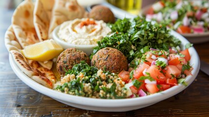 Delicious Middle Eastern Falafel Platter with Hummus, Pita Bread, and Tabbouleh, Served with Fresh Parsley and Lemon Wedges