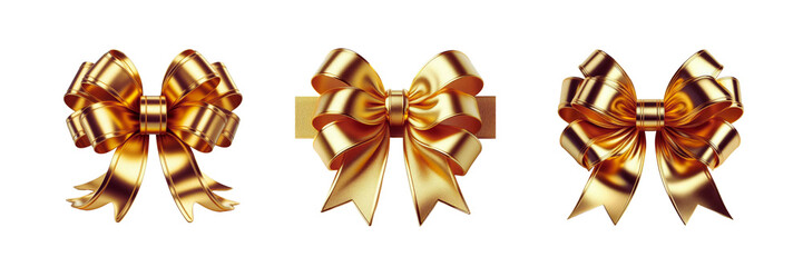 Set of Gold bow and ribbon, isolated over on transparent white background