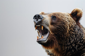Obraz premium Close up portrait of big brown angry bear head, isolated on a white background