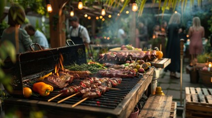Garden Party Barbecue with Rustic Grill Station and Assorted Meats and Vegetables