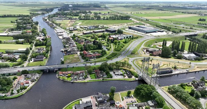 Alphen aan den Rijn, Hefbrug Gouwesluis, Oude Rijn, Aarkanaal, city infrastructure and industrial zone. The Netherlands.