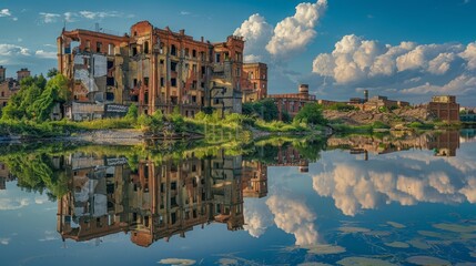 Abandoned Building Reflecting on Tranquil Water under Blue Sky