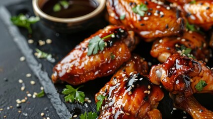 The national cuisine of Japan. Chicken wings in teriyaki sauce.