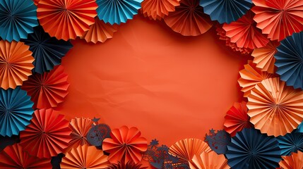 Obraz premium halloween frame made of paper fans on orange background flat lay top view