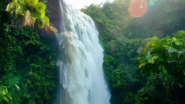 A daring adventurer rappelling down a towering waterfall surrounded by a lush canopy of tropical trees.
