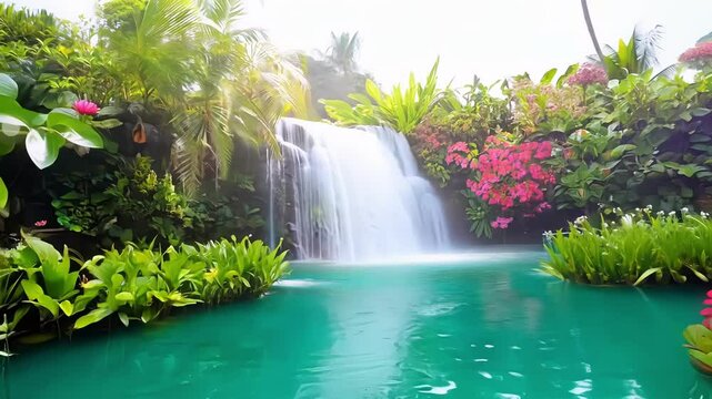 A peaceful lagoon with a tranquil waterfall in the background surrounded by vibrant flowers and exotic plants.
