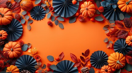halloween frame,decorative paper fans on orange background flat lay top view copy space