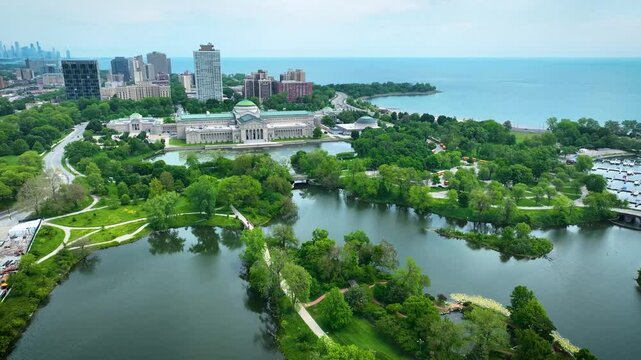 Drone Aerial View of Jackson Park, Museum of Science and Industry, Chicago 4K
