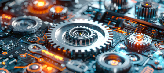 Interlocking gears spin and glow on a dark blue background with glowing hexagons and circuit lines, representing digital progress and interconnectedness