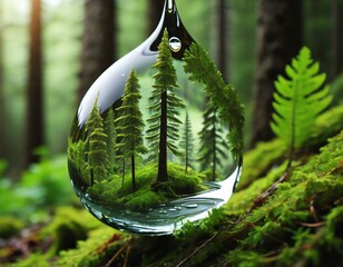Forest view inside a drop of water, close up, concept art photography