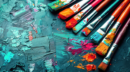 Obraz premium Colorful paintbrushes on a textured palette, showcasing vibrant