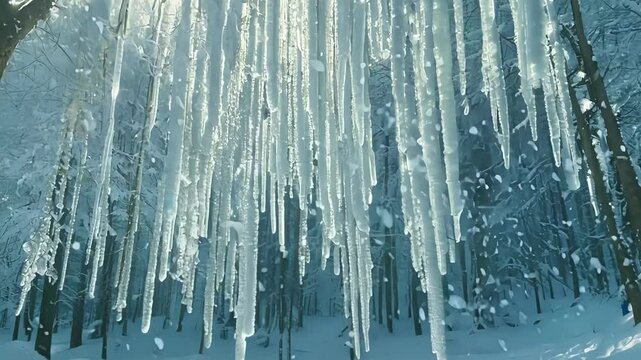 Sparkling icicles hanging from the branches adding a touch of winter magic to the forest.