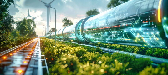 Futuristic gas pipeline with data transmission capabilities runs through green landscape with wind turbines in background as digital twin of energy infrastructure