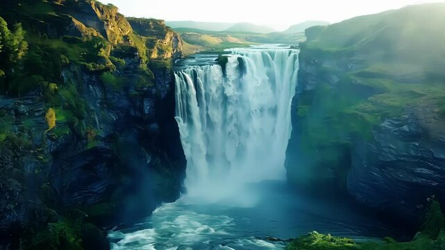 Flying through majestic valleys with cascading waterfalls and rushing rivers