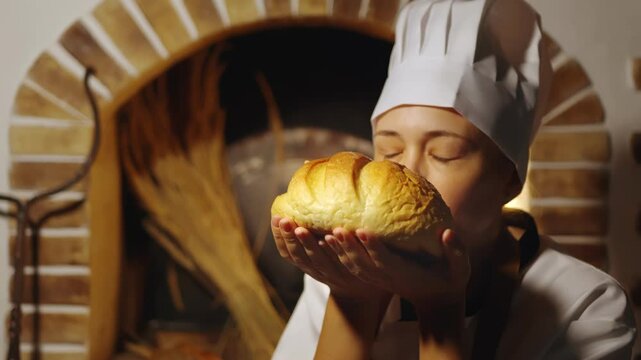 Close up shot of young female chef baker in blurred background is smelling fresh baked wheat bread professional bakery stone oven