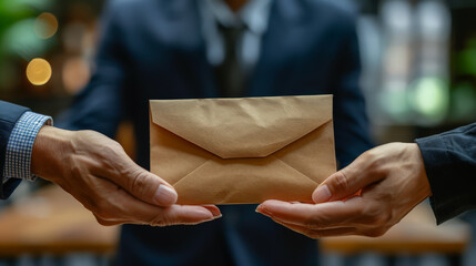 Close-up of two hands exchanging a kraft paper envelope, symbolizing business, communication, and the act of giving or receiving important documents.
