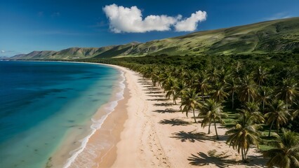 Fototapeta premium A serene tropical beach scene with clear, calm blue waters, filmed from a drone, lush green palm trees lining the sandy shore and picturesque hills in the background under a bright sky.