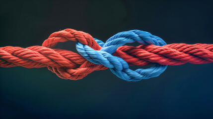 A close-up image of a red and blue rope intertwined in a knot, symbolizing the strength of love and unity