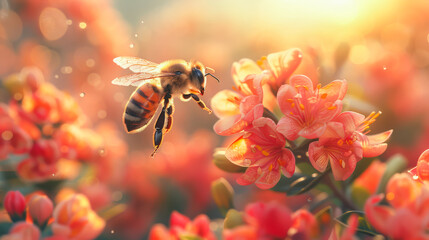 Close-up of a honeybee in flight, approaching a vibrant flower in full bloom, bathed in warm sunlight.