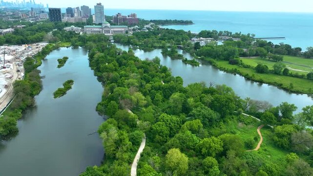 Drone Aerial View of Jackson Park, Museum of Science and Industry, Chicago 4K