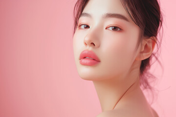 Fototapeta premium Young woman with a serene expression, clear skin, and soft makeup, set against a pink background, highlighting her natural beauty and elegance.