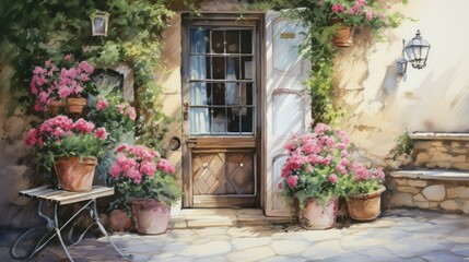 a beautiful soft watercolor painting of cottage door with lantern