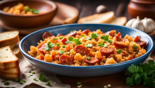 Spanish migas dish made with chorizo, garlic and bread crumbs
