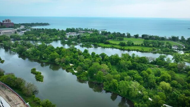 Drone Aerial View of Jackson Park, Museum of Science and Industry, Chicago 4K