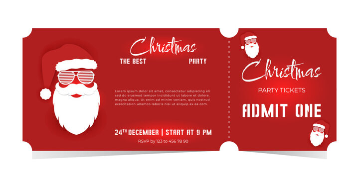 Christmas party ticket template with cool santa on red background. Vector design of 2025 isolated template.