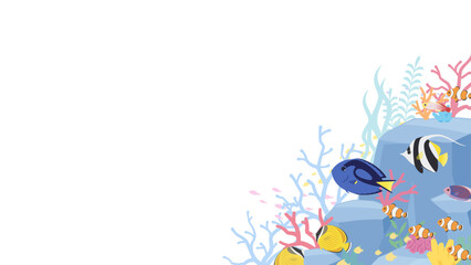 岩と珊瑚がある海底を熱帯魚が泳ぐ背景イラスト_16:9