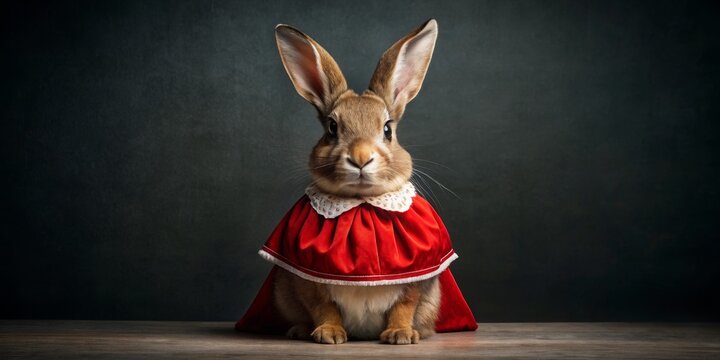 A Rabbit in a Red Cape, Dressed for Royalty, Studio Portrait, Dark Background, Animal Photography, Rabbit, Costume