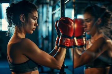 Fototapeta premium Determined Female Boxer Prepares with Red Gloves in Modern Gym Setting for Motivation and Strength