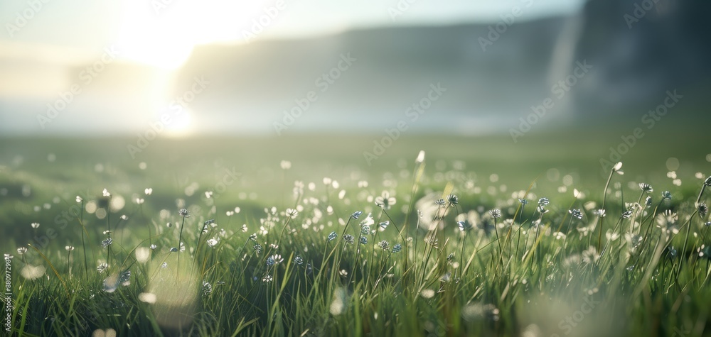 Aufkleber a field of grass with a few flowers in it