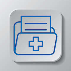 Medical history, folder simple icon vector. Flat design. Paper cut design. Cutted blue symbol with shadow. Gray badge button, gray background