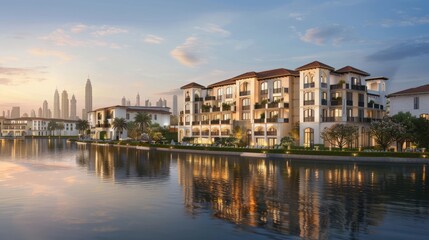 Naklejka premium Modern Waterfront Residences with High-Rise City Skyline Reflection