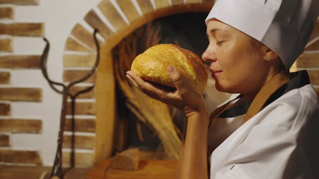 Young female woman chef-cooker holding a loaf of freshly baked bread in his hands smells the aroma of fresh bread