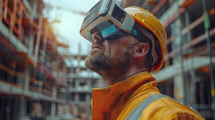 A construction foreman wearing augmented reality glasses, overlaying digital information onto the physical site, representing the fusion of AR technology in construction management.