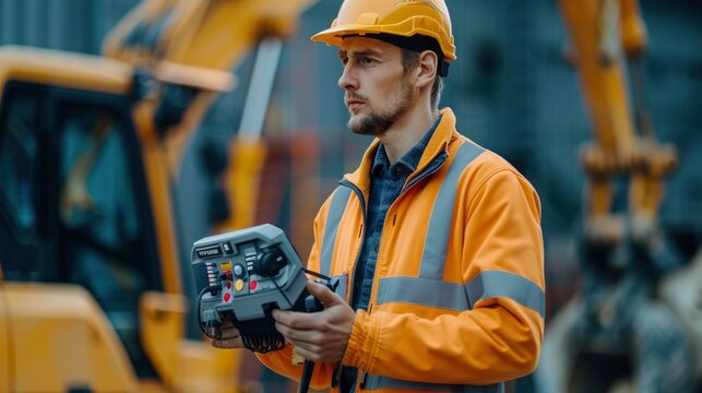 A construction worker controlling a robotic excavator via a remote control, showcasing the implementation of remote-operated machinery for increased safety and efficiency.