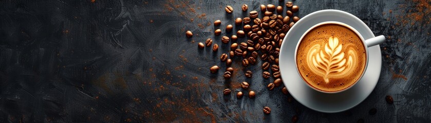 A white coffee cup with a leaf design sits on a table with coffee grounds