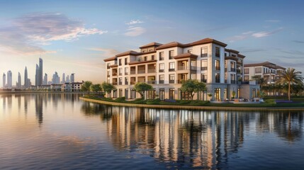 Luxurious Waterfront Apartments with City Skyline View at Sunset