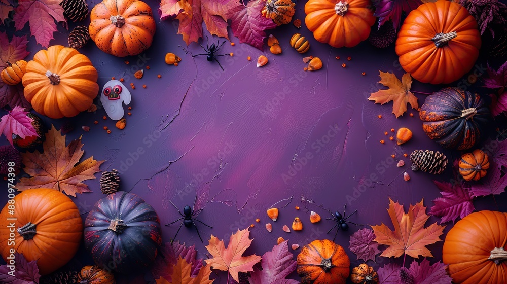 Sticker happy halloween flat lay composition,pumpkins skeleton hands orange maple leaves ghosts spiders on purple background