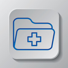 Medical or health record folder simple icon vector. Flat design. Paper cut design. Cutted blue symbol with shadow. Gray badge button, gray background