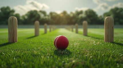 Naklejka premium Cricket ball on field near knocked stumps with blank area